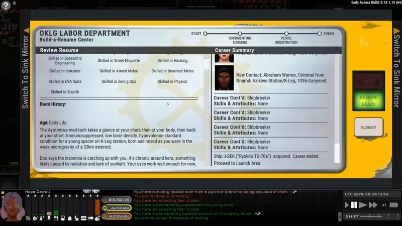 Ostranauts Build-a-Resume career kiosk during character creation