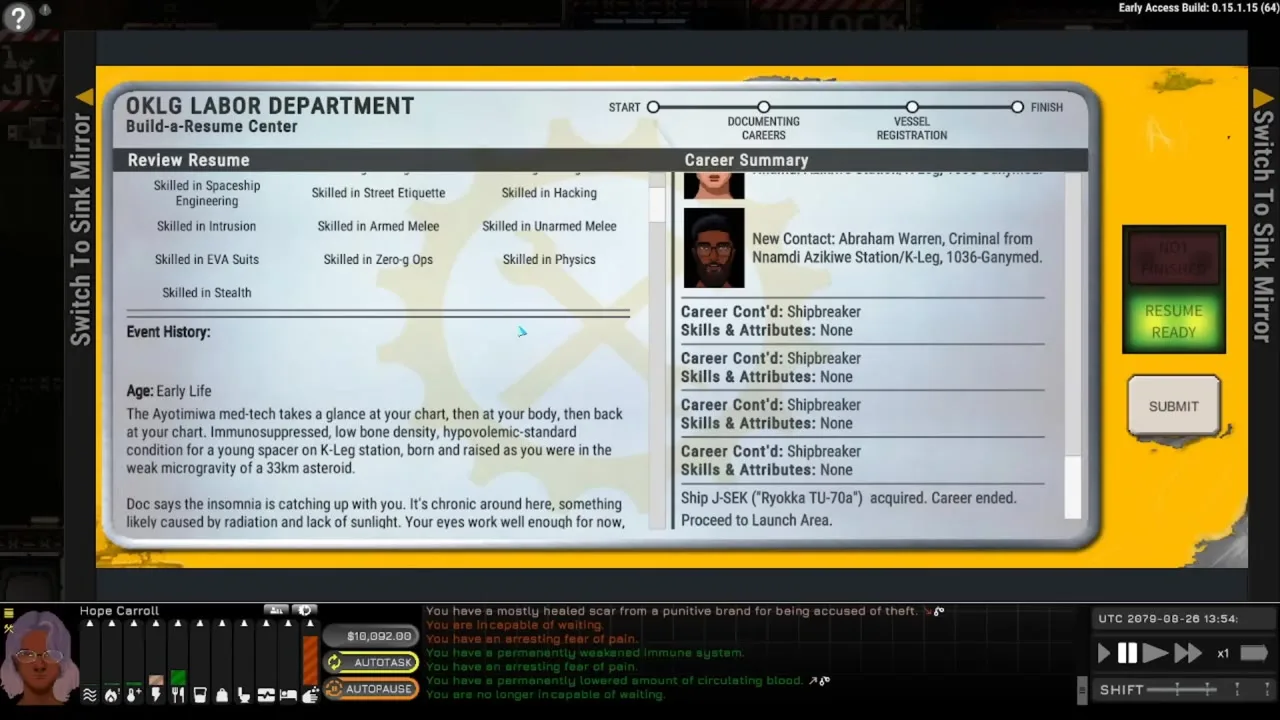 Ostranauts OKLG station dock with debt ledger and starter ship