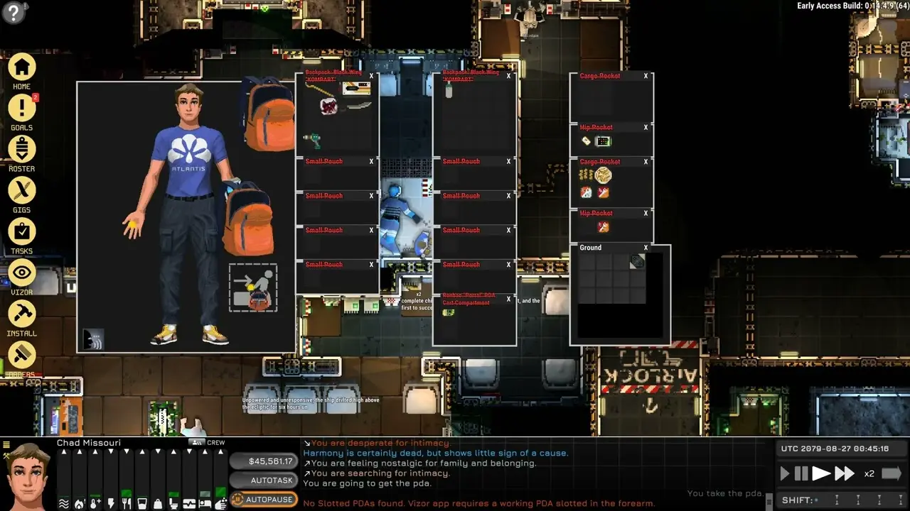 Ostranauts social combat Negotiation UI with moodlets and Social Moves