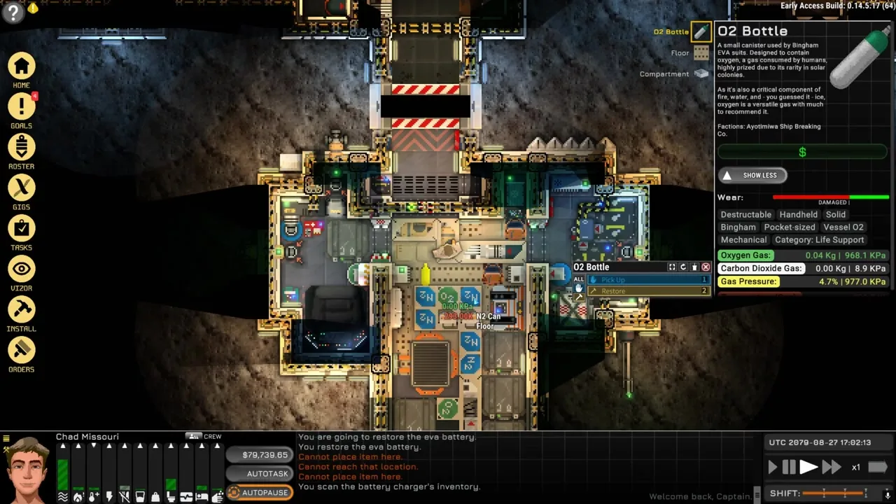 Ostranauts CO2 scrubber, air pumps, and gas canisters wired to pressure alarms